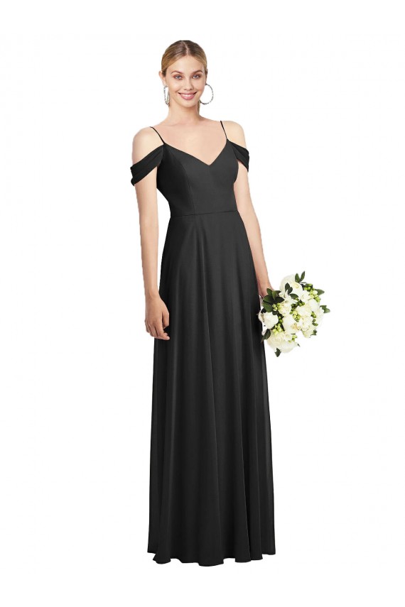 Long Cold Shoulder Soft Chiffon Black A-Line Semi Formal Evening Dress / Bridesmaid Dress Edmonton