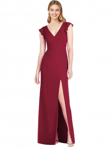 Long Ruffle Sleeves Soft Chiffon Burgundy Mermaid Bridesmaid Dress Edmonton