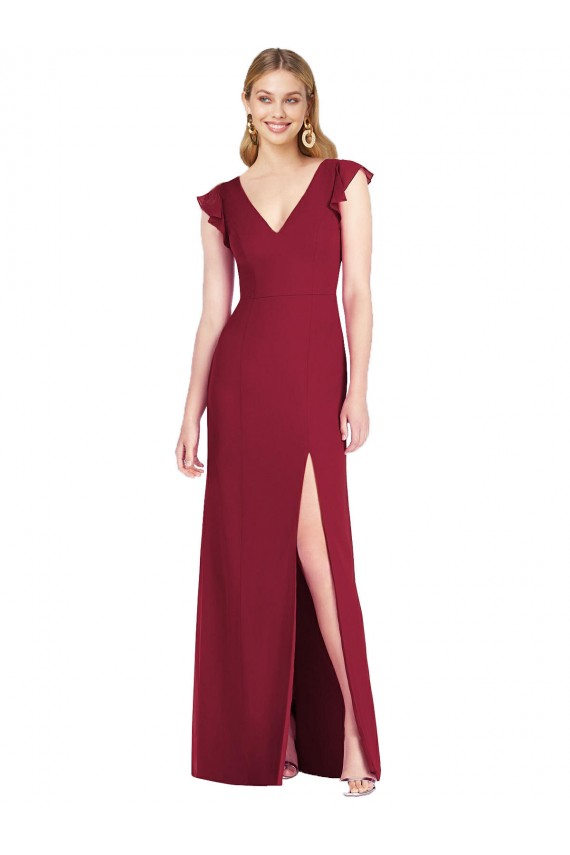 Long Ruffle Sleeves Soft Chiffon Burgundy Mermaid Bridesmaid Dress Edmonton