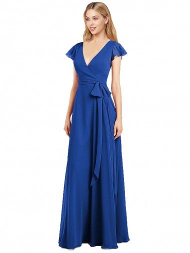 Long Flutter Sleeves Lxue Chiffon Royal Blue A-Line Bridesmaid Dress Edmonton