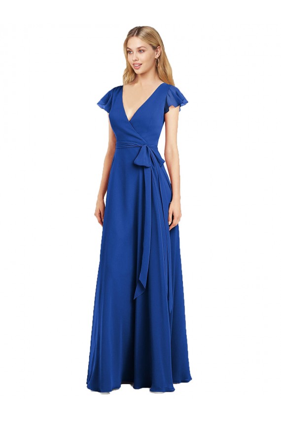 Long Flutter Sleeves Lxue Chiffon Royal Blue A-Line Bridesmaid Dress Edmonton