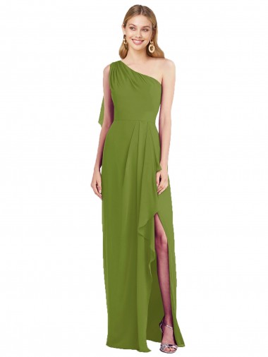 Long Sleeveless Soft Chiffon Olive Green One Shoulder Trumpet Bridesmaid Dress Edmonton