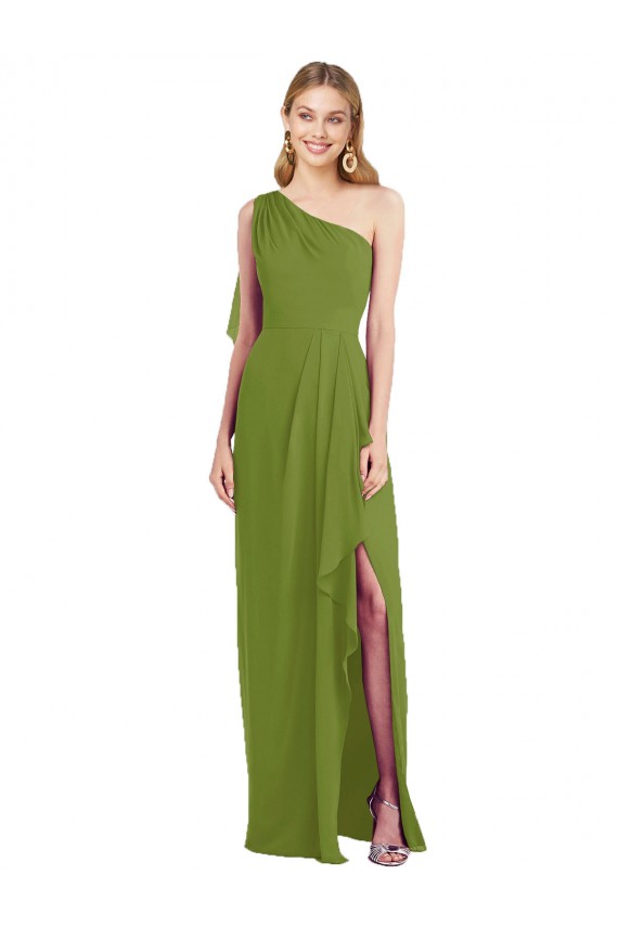 Long Sleeveless Soft Chiffon Olive Green One Shoulder Trumpet Bridesmaid Dress Edmonton