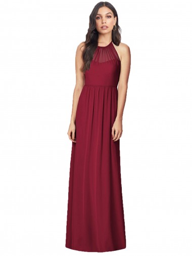 Long Sleeveless Soft Chiffon Burgundy Halter Neck Trumpet Bridesmaid Dress Edmonton