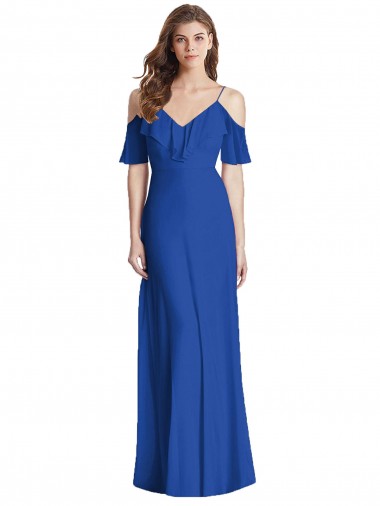 Long Cold Shoulder Soft Chiffon Royal Blue Trumpet Semi Formal Evening Dress / Bridesmaid Dress Edmonton