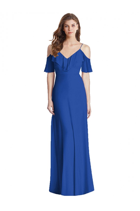 Long Cold Shoulder Soft Chiffon Royal Blue Trumpet Semi Formal Evening Dress / Bridesmaid Dress Edmonton
