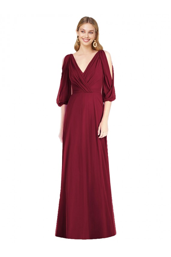 Long Bell Sleeves Soft Chiffon Burgundy Trumpet Formal Dress / Bridesmaid Dress Edmonton