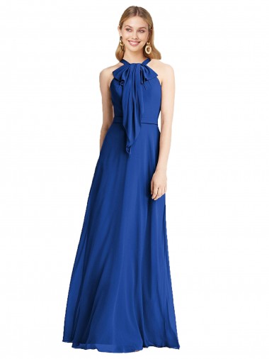 Long Sleeveless Soft Chiffon Royal Blue Halter Neck A-Line Bridesmaid Dress Edmonton