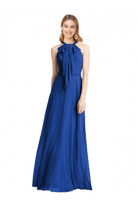 Long Sleeveless Soft Chiffon Royal Blue Halter Neck A-Line Bridesmaid Dress Edmonton
