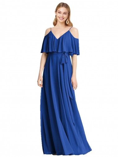Long Cold Shoulder Chiffon Royal Blue A-Line Bridesmaid Dress Edmonton