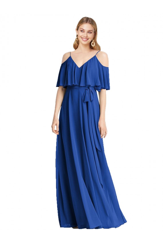 Long Cold Shoulder Chiffon Royal Blue A-Line Bridesmaid Dress Edmonton