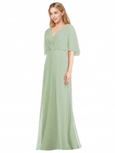 Long Flutter Sleeves Soft Chiffon Smoke Green Trumpet Bridesmaid Dress Edmonton