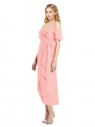 Cocktail Length Cold Shoulder Soft Chiffon Salmon Trumpet High Low Bridesmaid Dress Edmonton