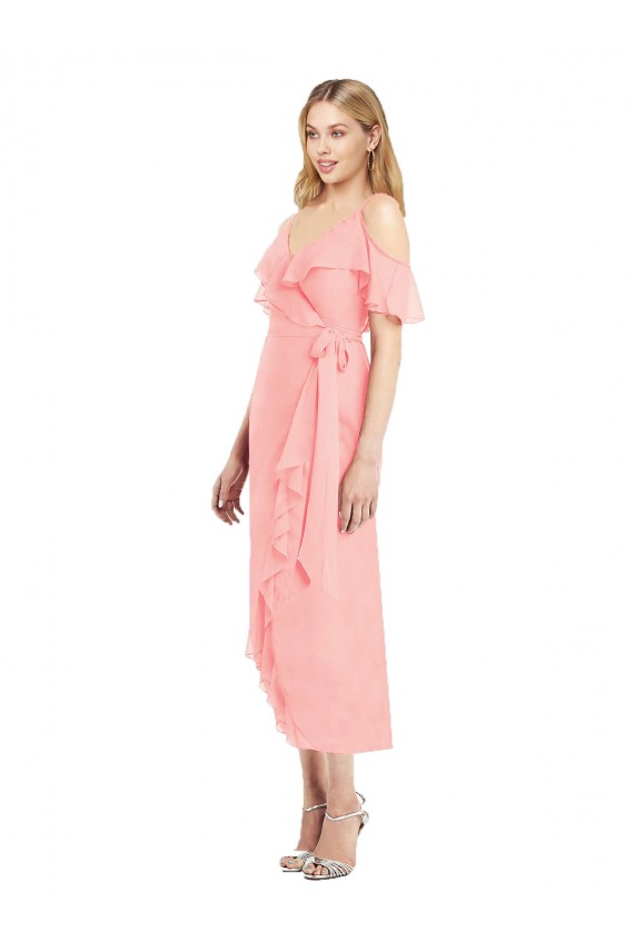 Cocktail Length Cold Shoulder Soft Chiffon Salmon Trumpet High Low Bridesmaid Dress Edmonton