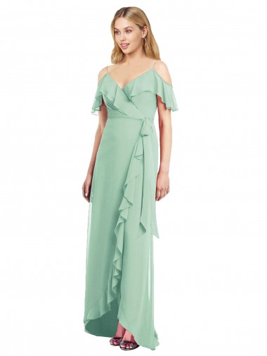 Long Cold Shoulder Soft Chiffon Mint Green Trumpet High Low Bridesmaid Dress Edmonton