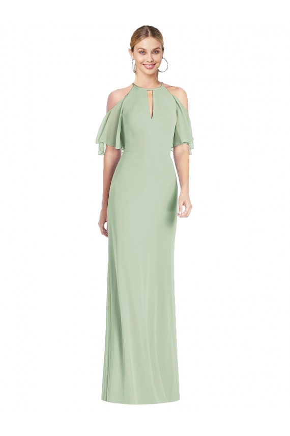 Long Cold Shoulder Soft Chiffon Sage Mermaid Semi Formal Evening Dress / Bridesmaid Dress Edmonton