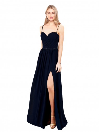 Long Sleeveless Soft Chiffon Dark Navy Spaghetti Straps A-Line Formal Evening Gown / Bridesmaid Dress Edmonton