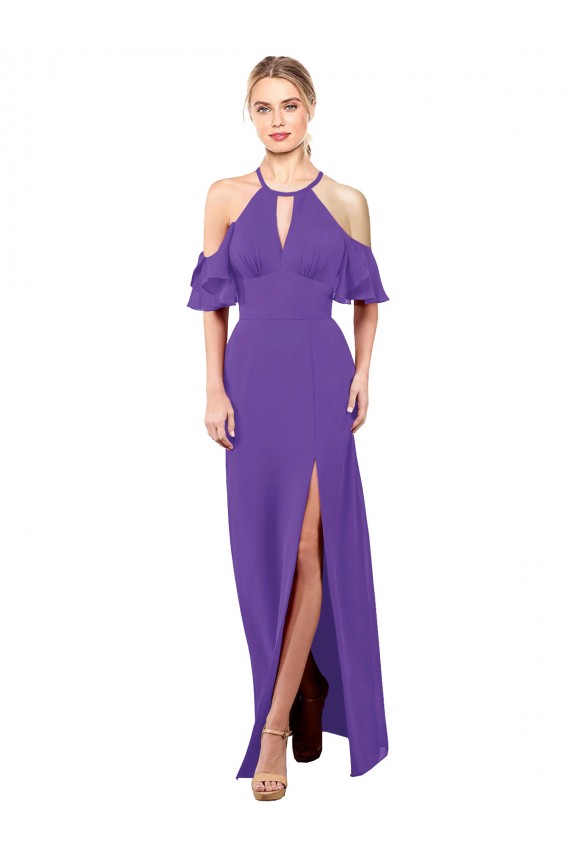 Long Ruffle Sleeves Soft Chiffon Purple A-Line Bridesmaid Dress Edmonton