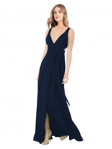 Long Sleeveless Chiffon Dark Navy V-Neck A-Line Bridesmaid Dress / Evening Dress Edmonton