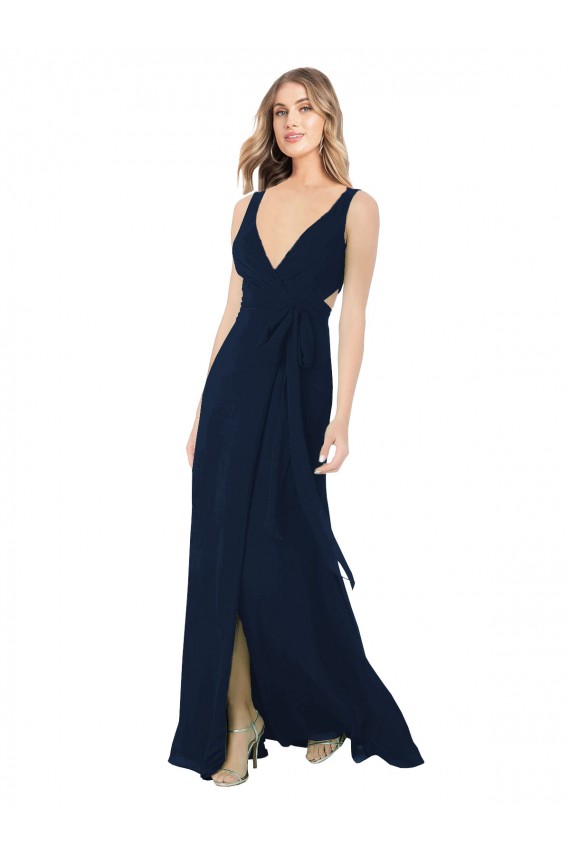 Long Sleeveless Chiffon Dark Navy V-Neck A-Line Bridesmaid Dress / Evening Dress Edmonton