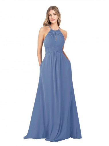 Long Sleeveless Soft Chiffon Windsor Blue High Neck A-Line Bridesmaid Dress Edmonton