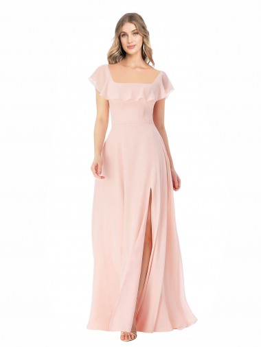 Long Cap Sleeves Soft Chiffon Pink A-Line Formal Dress / Bridesmaid Dress Edmonton