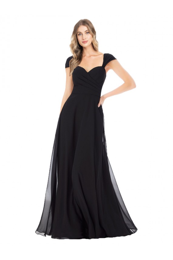 Long Cap Sleeves Soft Chiffon Black A-Line Bridesmaid Dress Edmonton