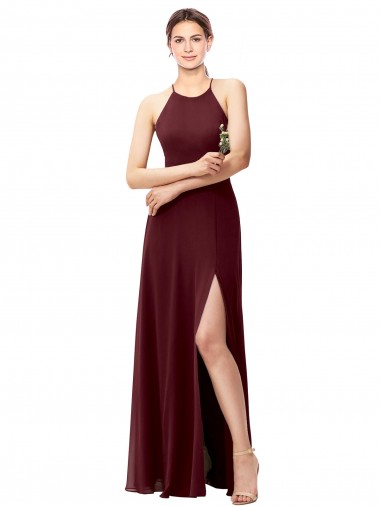 Long Sleeveless Soft Chiffon Burgundy Gold Halter Neck A-Line Bridesmaid Dress Edmonton