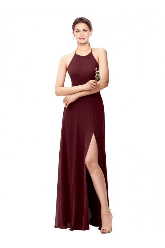 Long Sleeveless Soft Chiffon Burgundy Gold Halter Neck A-Line Bridesmaid Dress Edmonton