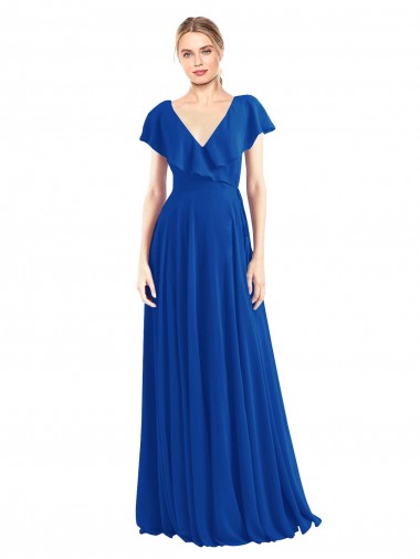 Long Flutter Sleeves Soft Chiffon Royal Blue A-Line Bridesmaid Dress Edmonton