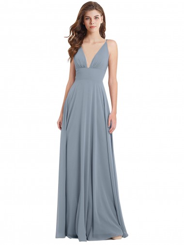 Long Sleeveless Chiffon Dusty Blue V-Neck A-Line Bridesmaid Dress / Evening Gowns Edmonton