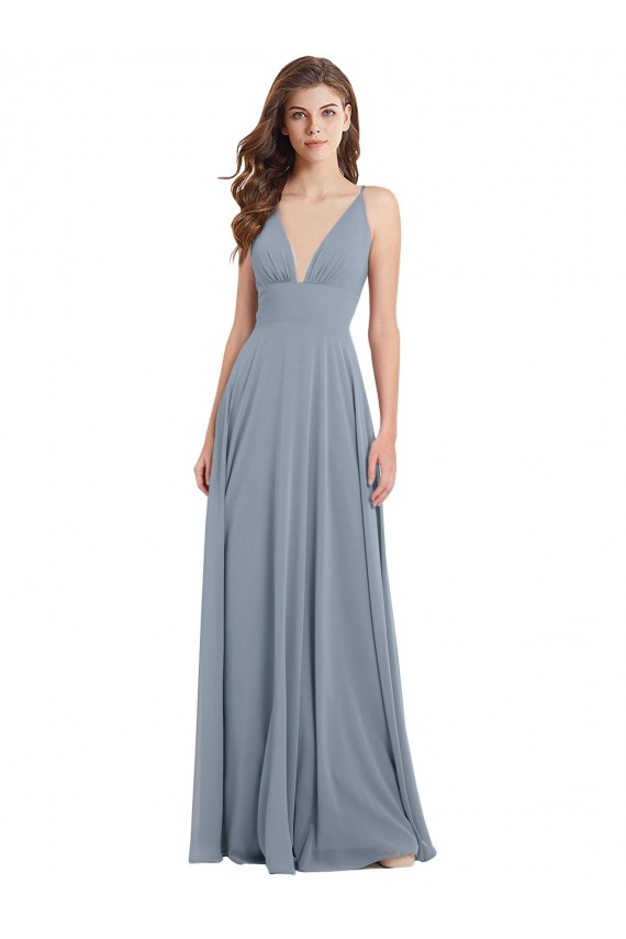 Long Sleeveless Chiffon Dusty Blue V-Neck A-Line Bridesmaid Dress / Evening Gowns Edmonton