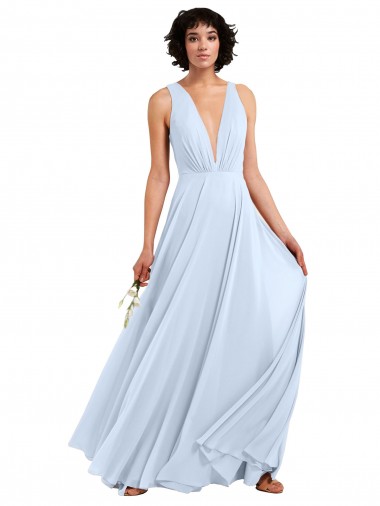 Long Sleeveless Soft Chiffon Light Sky Blue V-Neck A-Line Bridesmaid Dresses Edmonton