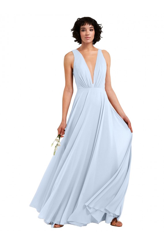 Long Sleeveless Soft Chiffon Light Sky Blue V-Neck A-Line Bridesmaid Dresses Edmonton