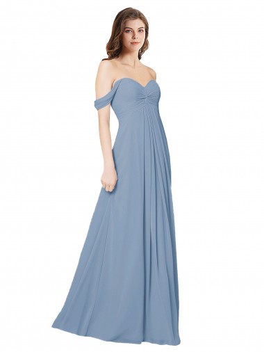 Long Sleeveless Chiffon Dusty Blue Sweetheart A-Line Wedding Party Dress Edmonton