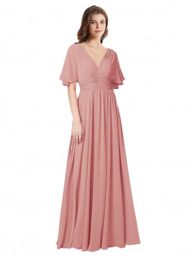 Long Flutter Sleeves Soft Chiffon Bliss Pink A-Line Bridesmaid Dress Edmonton