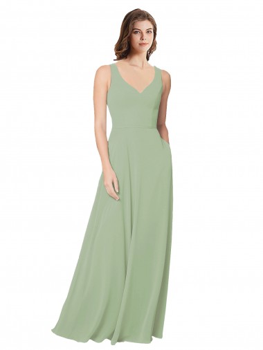 Long Sleeveless Soft Chiffon Smoke Green Sweetheart A-Line Formal Dress / Bridesmaid Dress Edmonton