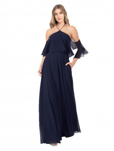 Long Flutter Sleeves Soft Chiffon Dark Navy A-Line Formal Dress / Bridesmaid Dress Edmonton