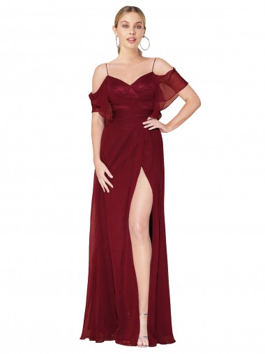 Long Cold Shoulder Soft Chiffon Burgundy Trumpet Formal Evening Gown / Prom Dress / Bridesmaid Dress Edmonton