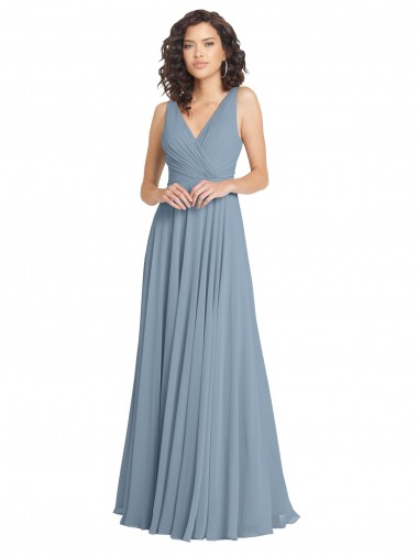 Long Sleeveless Soft Chiffon Dusty Blue V-Neck A-Line Bridesmaid Dress Edmonton