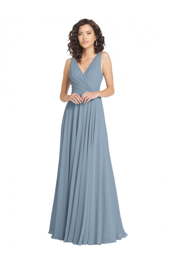 Long Sleeveless Soft Chiffon Dusty Blue V-Neck A-Line Bridesmaid Dress Edmonton