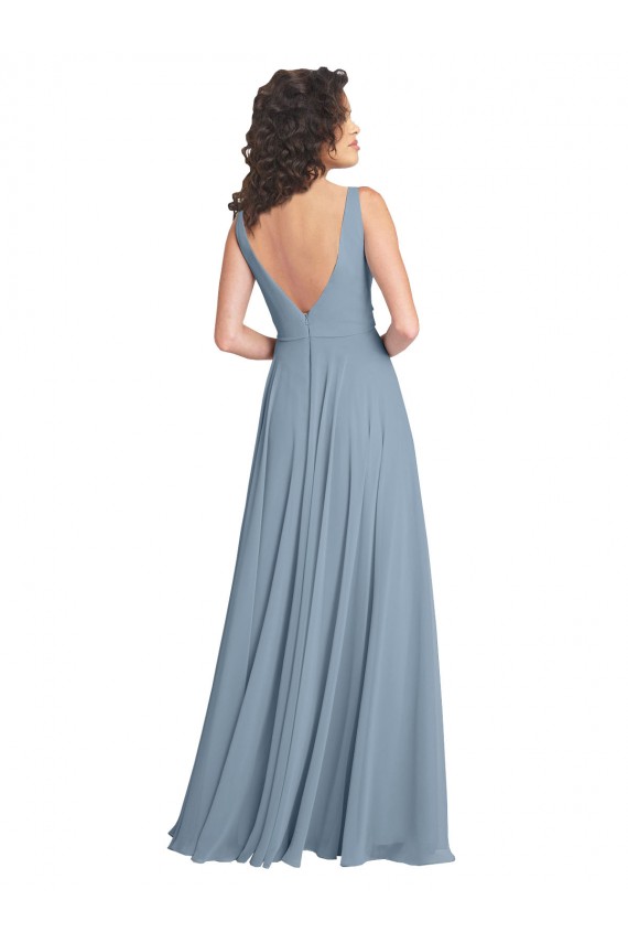 Long Sleeveless Soft Chiffon Dusty Blue V-Neck A-Line Bridesmaid Dress Edmonton