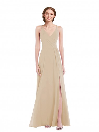 Long Sleeveless Soft Chiffon Champagne A-Line Semi Formal Evening Dress / Bridesmaid Dress Edmonton