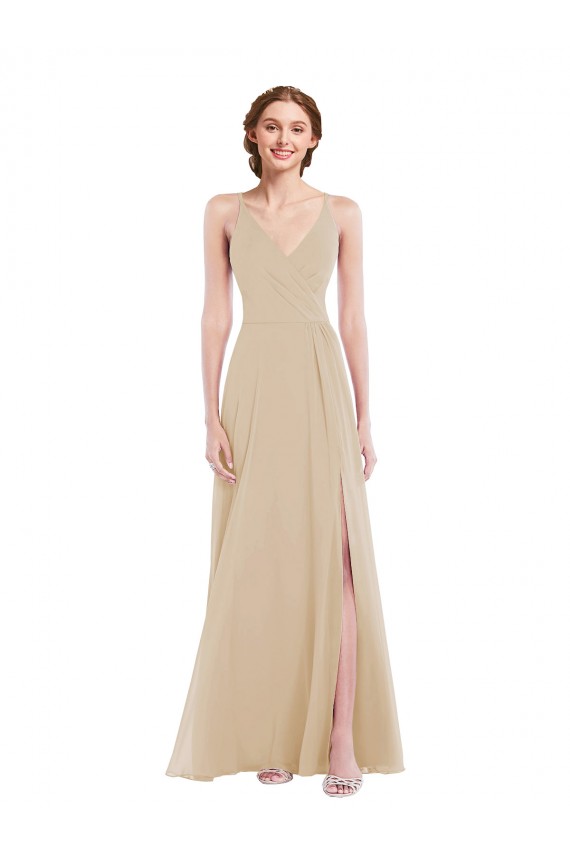 Long Sleeveless Soft Chiffon Champagne A-Line Semi Formal Evening Dress / Bridesmaid Dress Edmonton