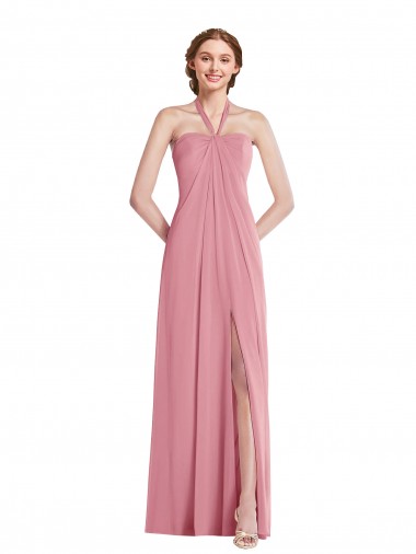 Long Sleeveless Soft Chiffon Skin Pink Halter Neck A-Line Semi Formal Evening Dress / Bridesmaid Dress Edmonton