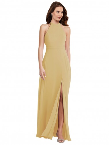 Long Sleeveless Soft Chiffon Gold A-Line Semi Formal Evening Dress / Bridesmaid Dress Edmonton