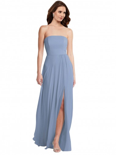 Long Sleeveless Soft Chiffon Dusty Blue Strapless A-Line Semi Formal Evening Dress / Bridesmaid Dress Edmonton