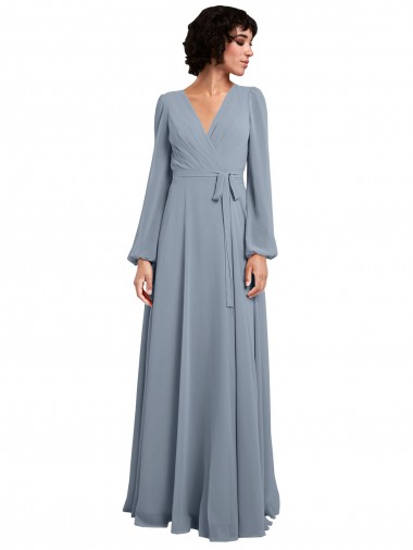Long Long Sleeves Soft Chiffon Dusty Blue A-Line Bridesmaid Dress / Formal Dress Edmonton