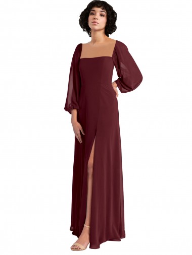 Long Long Sleeves Chiffon Burgundy Gold A-Line Bridesmaid Dress / Evening Dress Edmonton