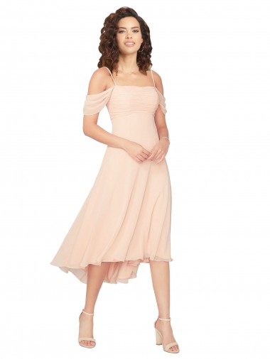 Midi Length Cold Shoulder Soft Chiffon Ice Pink A-Line High Low Bridesmaid Dress Edmonton